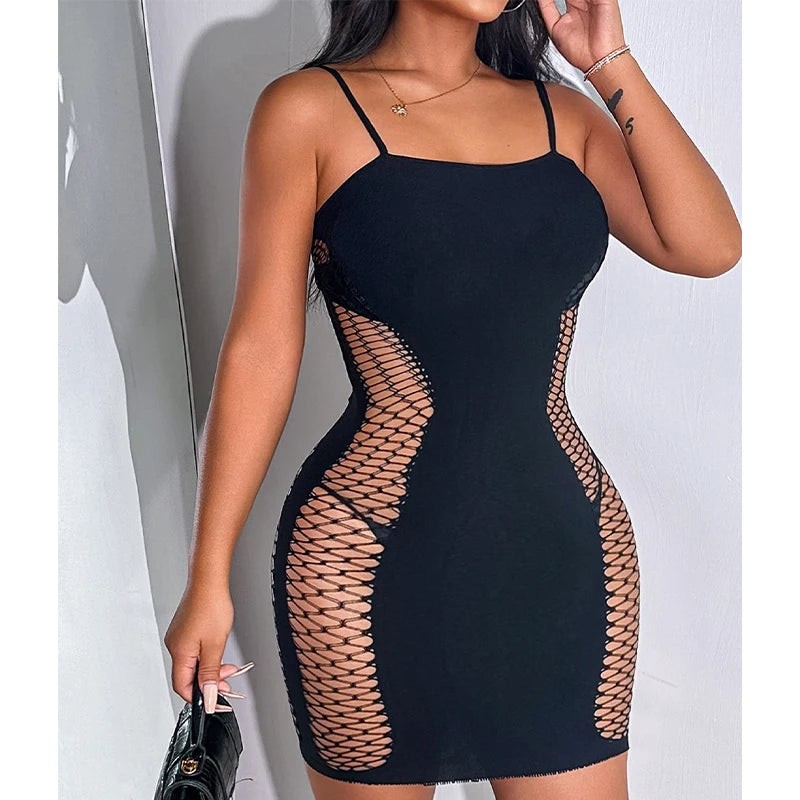 1PC Women Sexy Fishnet Hollow Out Bodycon Dress See Through
