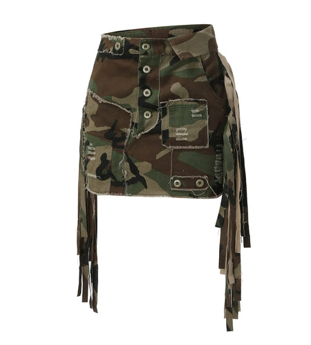 Women's Camo Cargo Skirt Sexy High Split Button Ripped Hem With Pockets