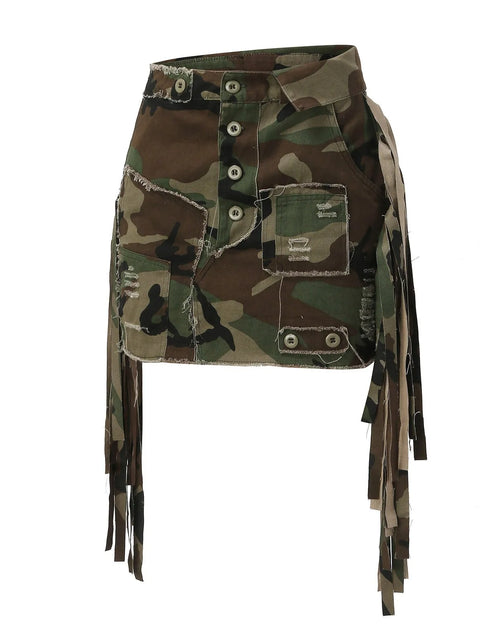 Load image into Gallery viewer, Women's Camo Cargo Skirt Sexy High Split Button Ripped Hem With Pockets
