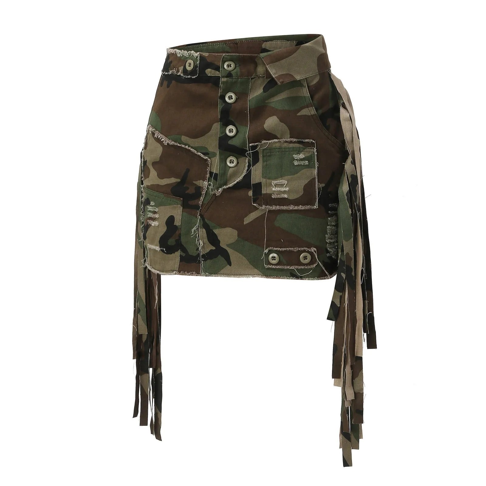 Women's Camo Cargo Skirt Sexy High Split Button Ripped Hem With Pockets