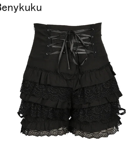 Lolita Style Vintage Lace Ruffles Shorts Plus Size Lace Up Black High Waist Shorts