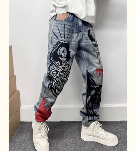 Men's Retro American Street Hip Hop Flame Skull Print Jeans