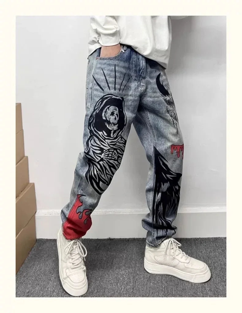 Men's Retro American Street Hip Hop Flame Skull Print Jeans