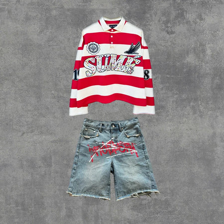 2 Pcs Shirts Sume Rugby Diamond Embroidery Stripe Polo Shirt Y2K Retro Classic Unisex Oversized Long Sleeved Shirt Short Sets