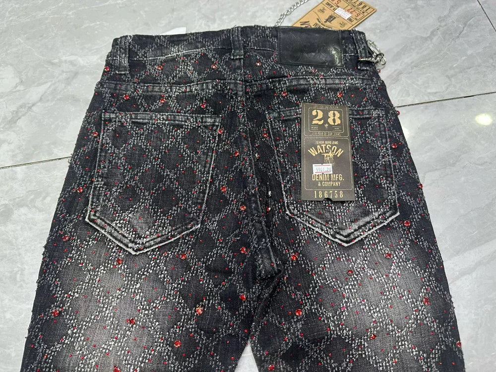 2026 Rhinestone Men's High Street quality Slim Fit Skinny long Denim Flared Jeans Pants