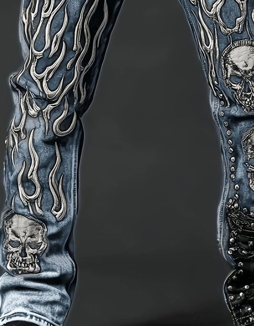 Load image into Gallery viewer, Men's Vintage Washed Straight Leg Denim Jeans, Skull Flame Graphic Print Rivet Studded Design, Loose Fit
