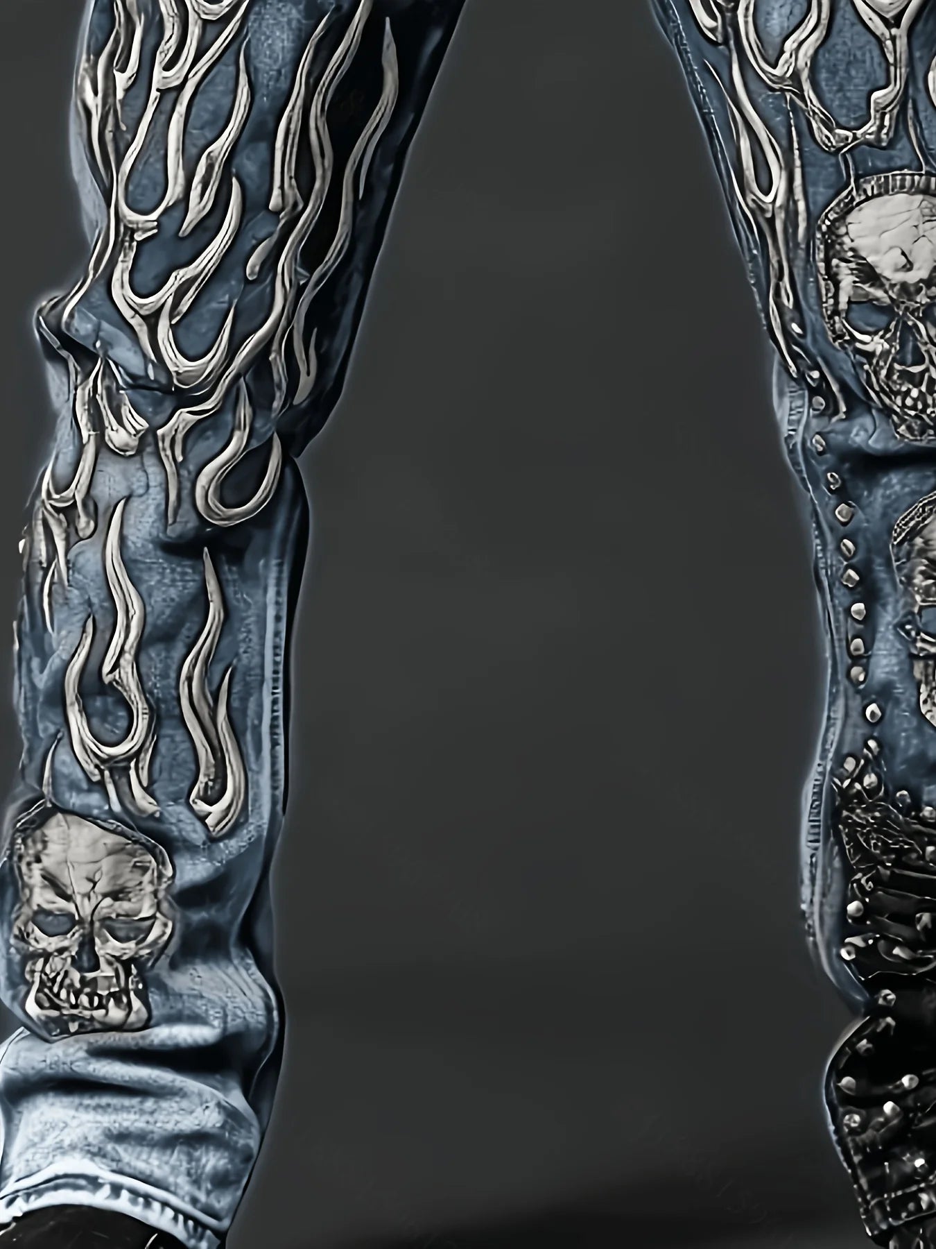 Men's Vintage Washed Straight Leg Denim Jeans, Skull Flame Graphic Print Rivet Studded Design, Loose Fit