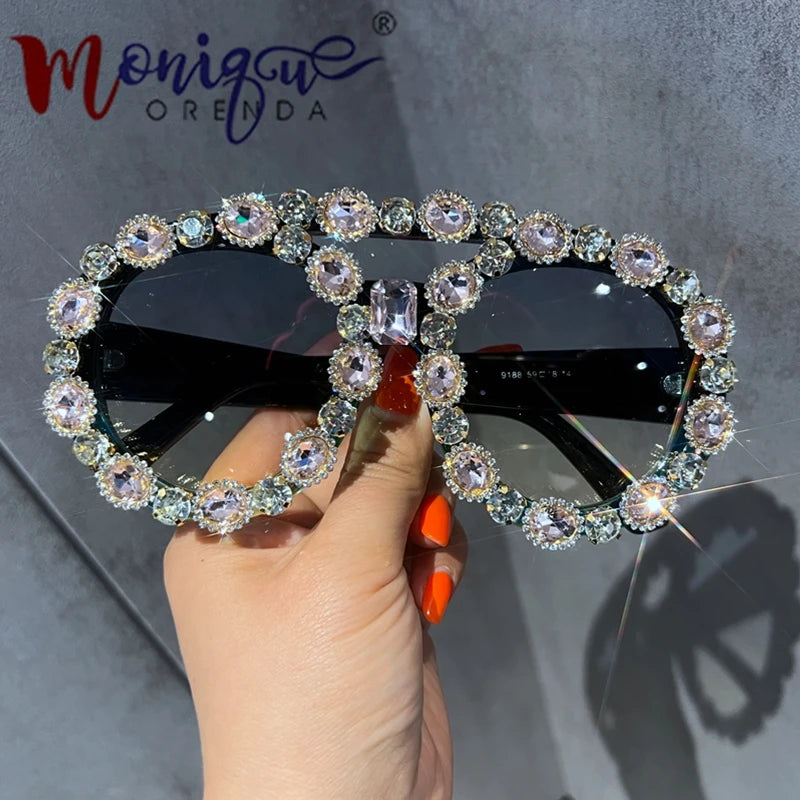 Oversized Vintage Sunglasses Women Luxury Gem Green Diamond Like SUV400