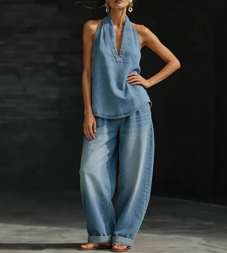 Women's Two Piece Denim Washed Vintage out fit, halter top and loose fitting jeans