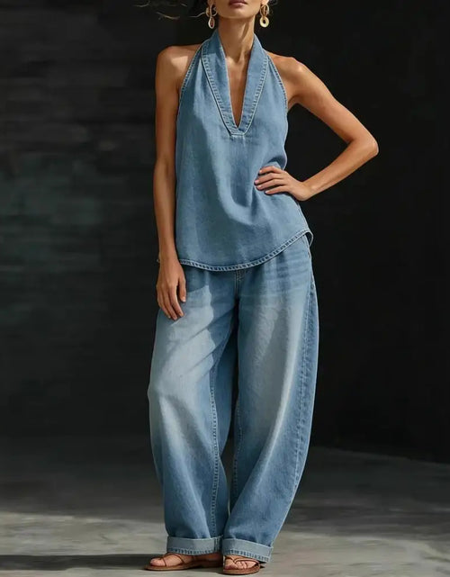 Load image into Gallery viewer, Women's Two Piece Denim Washed Vintage out fit, halter top and loose fitting jeans
