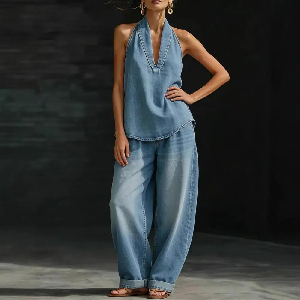 Women's Two Piece Denim Washed Vintage out fit, halter top and loose fitting jeans