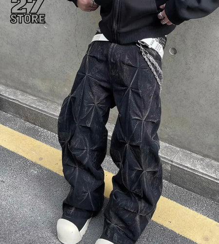 Men's Jeans Y2K Streetwear Black Pleated Baggy Denim Pants  Wide Leg Loose Fit Casual Fashion Trend
