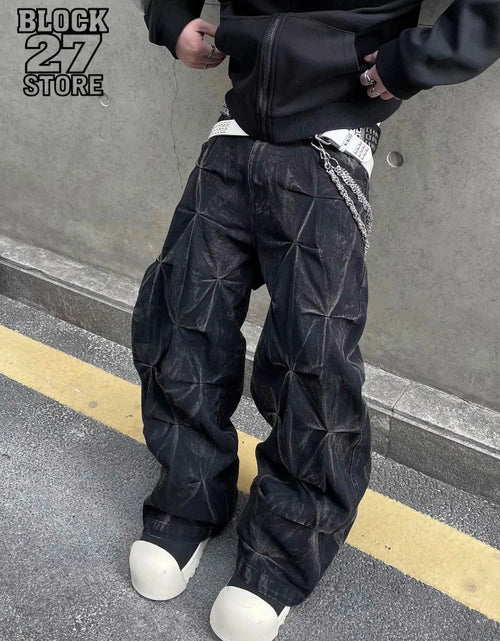 Load image into Gallery viewer, Men's Jeans Y2K Streetwear Black Pleated Baggy Denim Pants  Wide Leg Loose Fit Casual Fashion Trend
