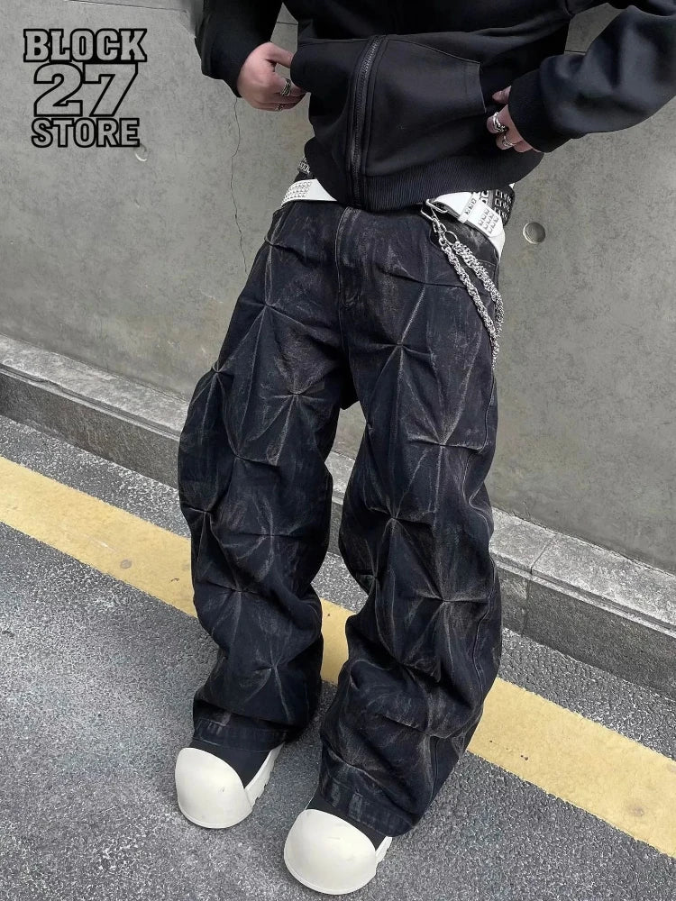 Men's Jeans Y2K Streetwear Black Pleated Baggy Denim Pants  Wide Leg Loose Fit Casual Fashion Trend