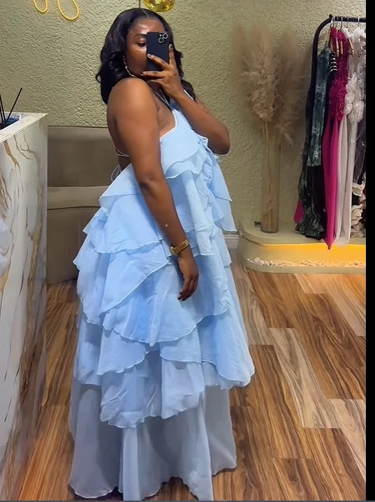Women Sleeveless Ruffles Loose Smock Strap Maxi Long Sexy Dress