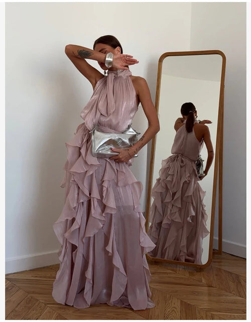 Load image into Gallery viewer, Women's Sleeveless Halter Neck Ruffle Maxi Dress Elegant Chiffon Tiered Waist Cinching Ankle-Length Solid Color Party Dress
