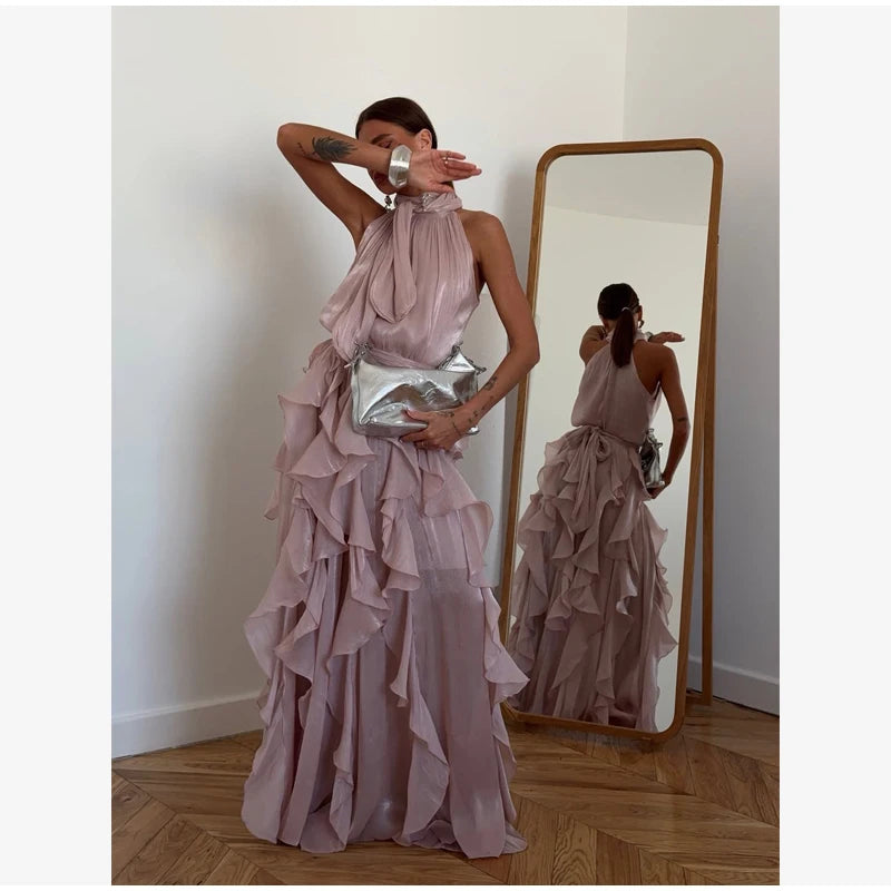 Women's Sleeveless Halter Neck Ruffle Maxi Dress Elegant Chiffon Tiered Waist Cinching Ankle-Length Solid Color Party Dress
