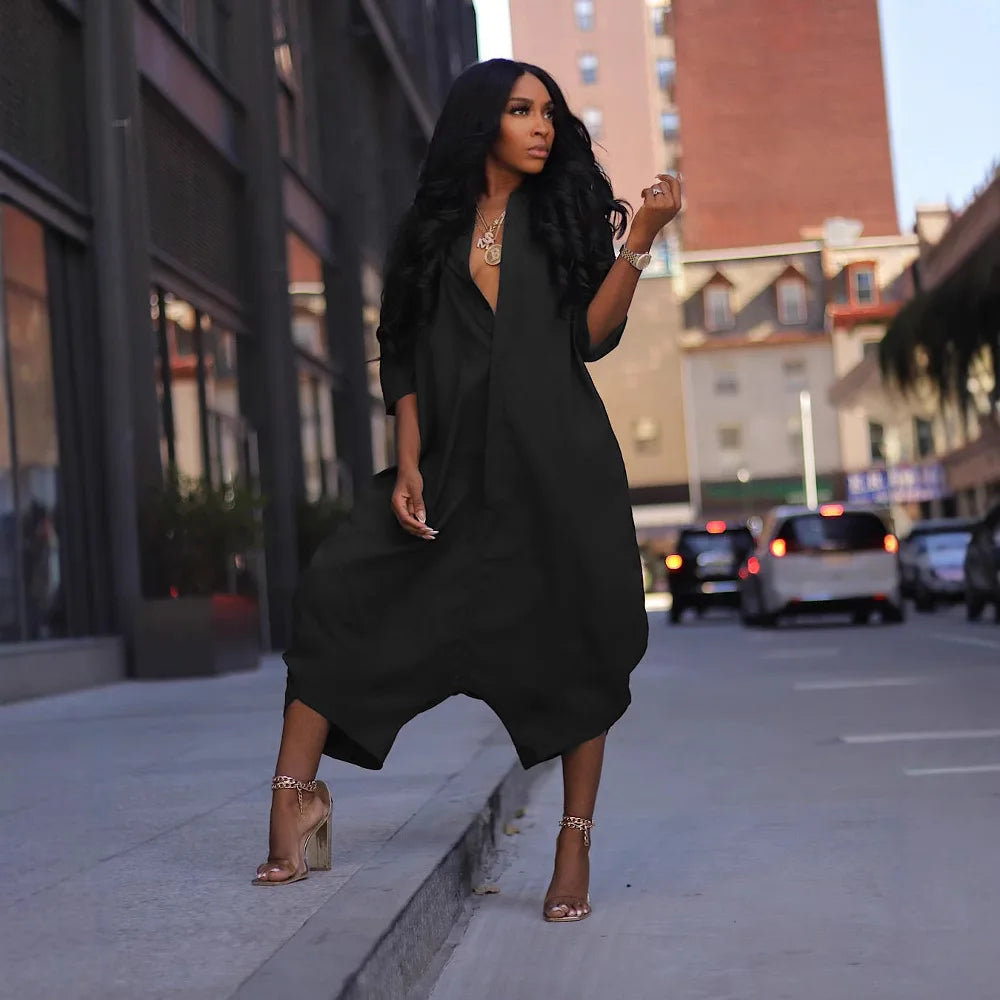 Women Plus Size Jumpsuit 3/4 Sleeve Pocket  Harem Pants Rompers Single Breasted Loose Outfits