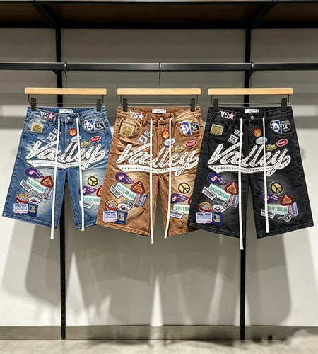 2026 American VALLEY Embroidery Rhinestone Logo Patch Label Denim Shorts Men High Quality Loose Straight Short Jeans