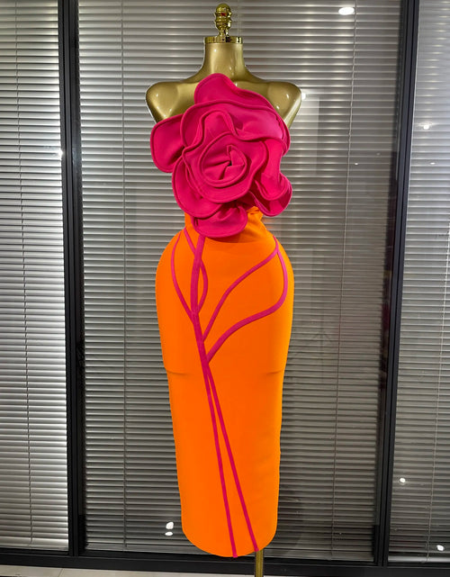 Load image into Gallery viewer, Orange Color Women's Sexy Big Florals Bodycon Dress with Shining Rhinestones Strapless Bandage Dress
