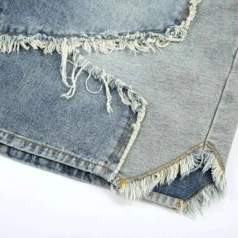 2026 Summer Pentagram Pattern Men's  Mid Length Denim Shorts American High Street Straight