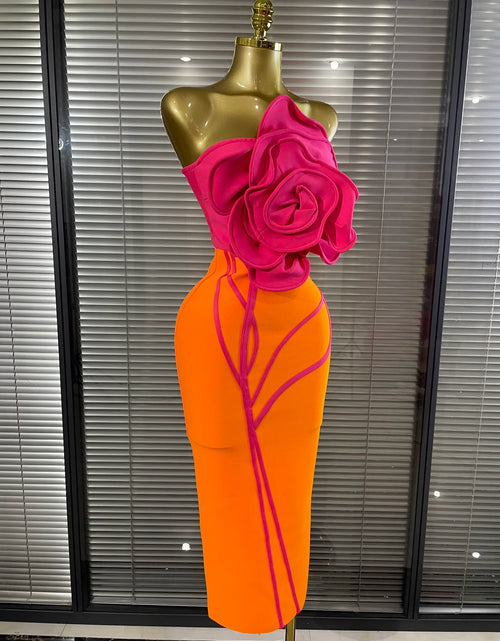 Load image into Gallery viewer, Orange Color Women's Sexy Big Florals Bodycon Dress with Shining Rhinestones Strapless Bandage Dress
