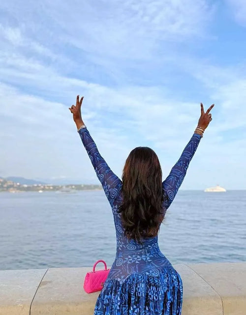 Load image into Gallery viewer, Royal Blue Dress for Women Mid-turtleneck High Waist Transparent Light Long Dress with Sleeves Pleated Maxi Dress
