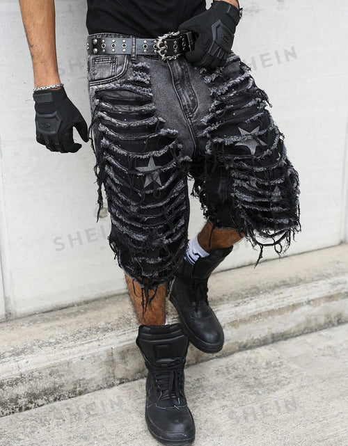 Load image into Gallery viewer, Men's Gothic Vintage Aesthetic Black Washed Ripped Denim Shorts, Summer Trendy Loose Raw Edge Fringed Five-Point Pants
