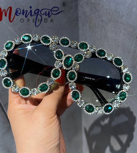 Oversized Vintage Sunglasses Women Luxury Gem Green Diamond Like SUV400