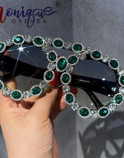 Load image into Gallery viewer, Oversized Vintage Sunglasses Women Luxury Gem Green Diamond Like SUV400
