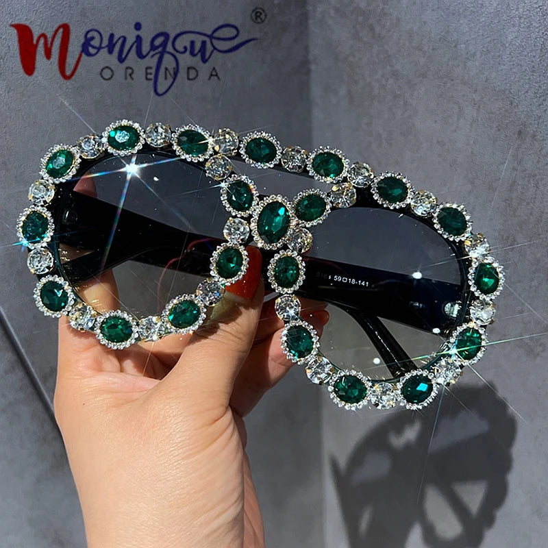 Oversized Vintage Sunglasses Women Luxury Gem Green Diamond Like SUV400