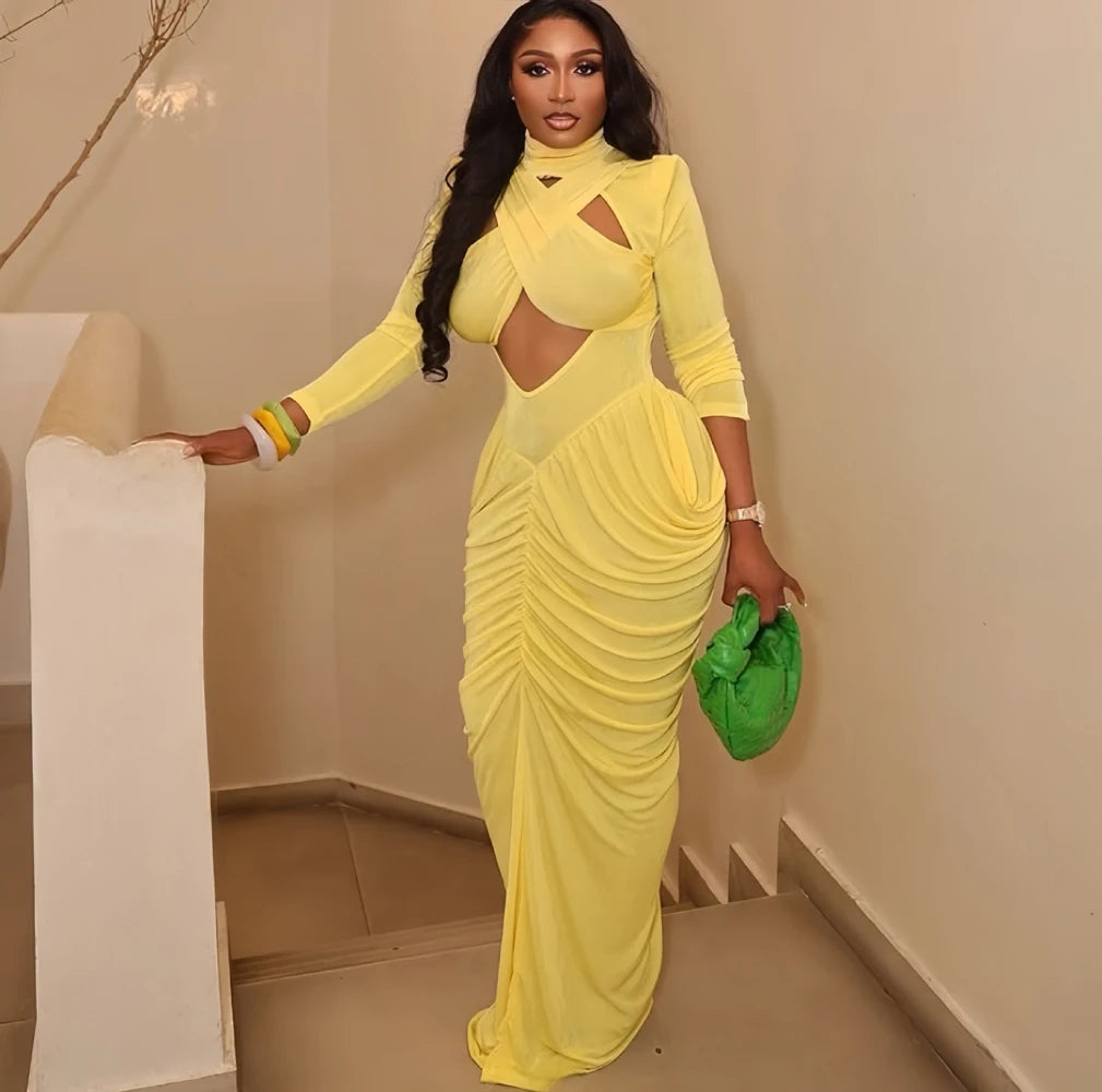 Women's High Neck Solid Full Sleeve Hollow Out Scrunch Maxi Dress New Arrivals 2026 Sexy  Long Dresses