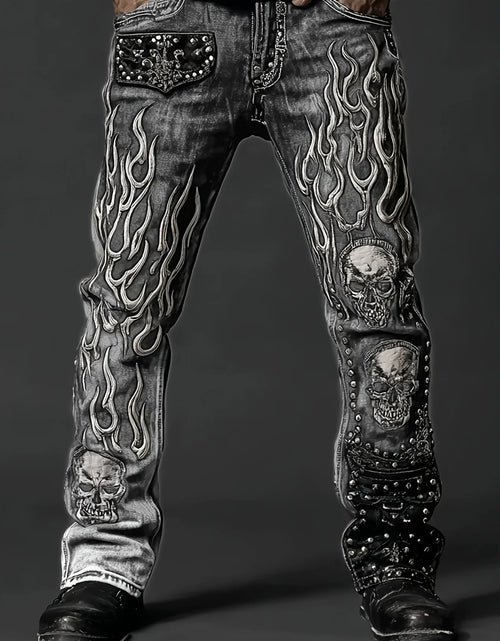 Load image into Gallery viewer, Men's Vintage Washed Straight Leg Denim Jeans, Skull Flame Graphic Print Rivet Studded Design, Loose Fit
