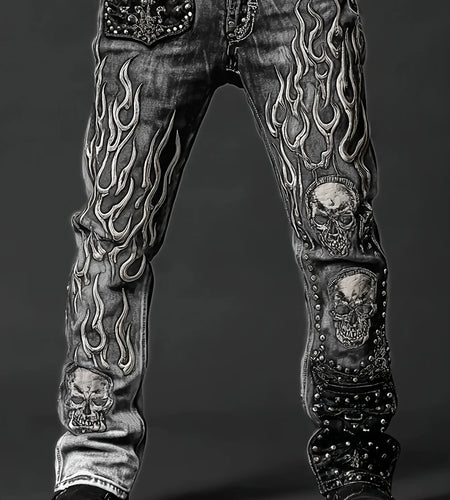 Men's Vintage Washed Straight Leg Denim Jeans, Skull Flame Graphic Print Rivet Studded Design, Loose Fit