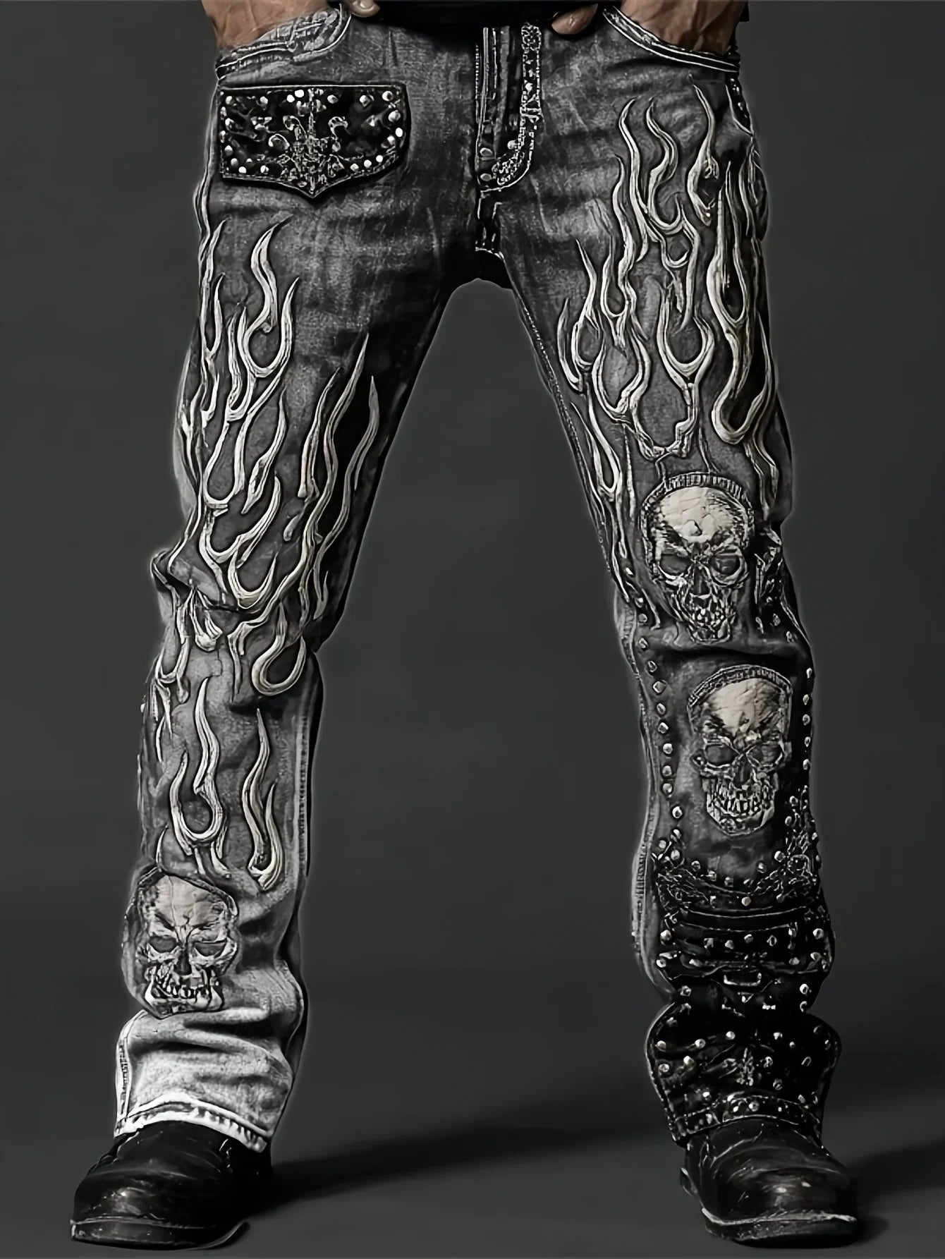 Men's Vintage Washed Straight Leg Denim Jeans, Skull Flame Graphic Print Rivet Studded Design, Loose Fit