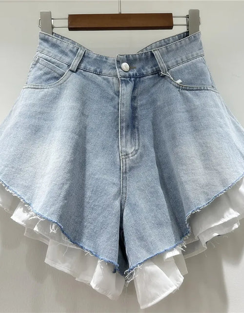 Load image into Gallery viewer, Women's Patchwork Hem Wash Denim Shorts Summer Trendy High Waist A-line Shorts
