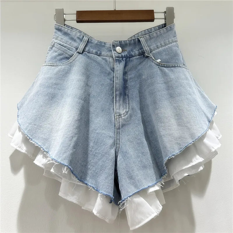 Women's Patchwork Hem Wash Denim Shorts Summer Trendy High Waist A-line Shorts