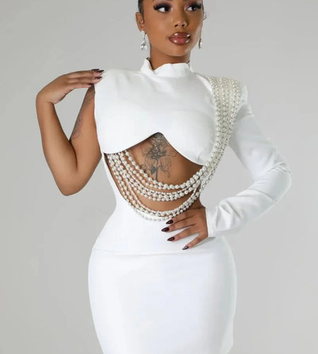 Women's Full Sleeve Elegant On One Side Pearl String Sexy Mini Dress
