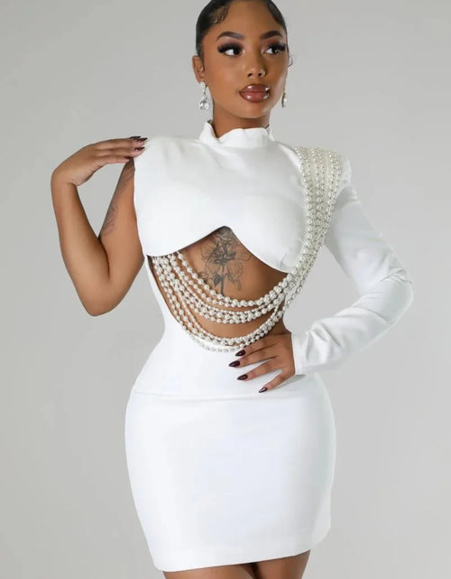 Load image into Gallery viewer, Women's Full Sleeve Elegant On One Side Pearl String Sexy Mini Dress
