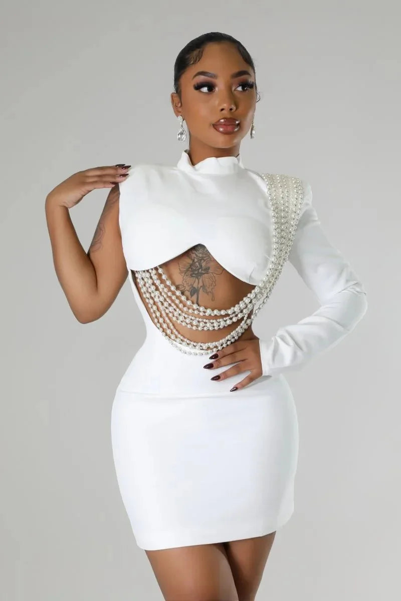 Women's Full Sleeve Elegant On One Side Pearl String Sexy Mini Dress