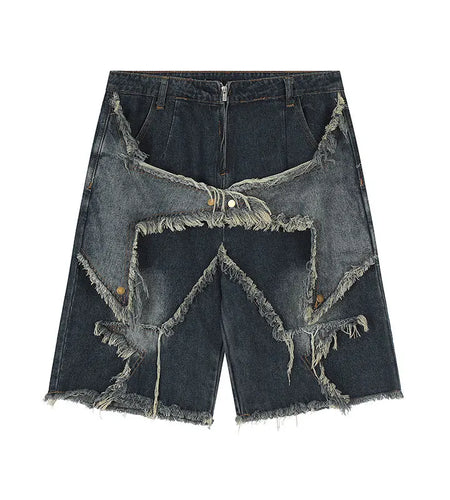 Men's Vintage Tassel Star Denim Shorts Loose Fit Hip Hop Summer Knee-Length Casual Jeans with Rivet Decoration