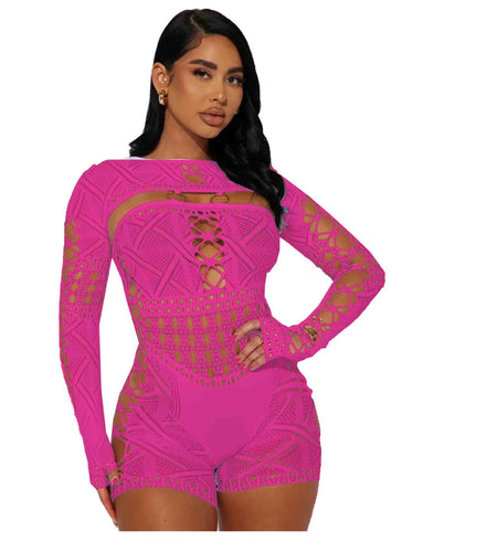 Women's Sexy Long Sleeve Jumpsuit See Through Outfit Sheer Mesh Hollow Out Night Club Short Romper