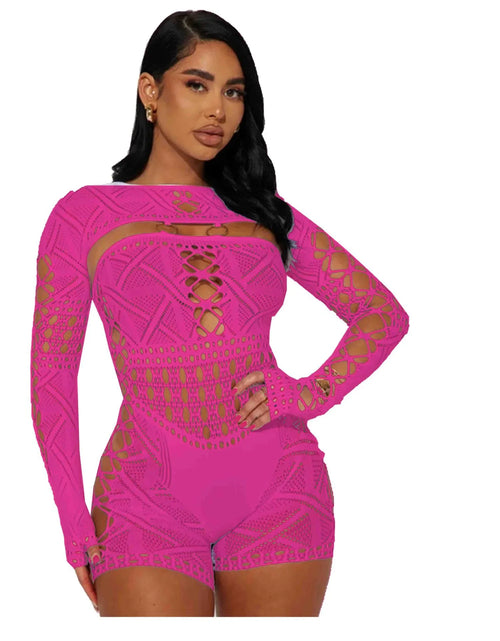 Load image into Gallery viewer, Women's Sexy Long Sleeve Jumpsuit See Through Outfit Sheer Mesh Hollow Out Night Club Short Romper
