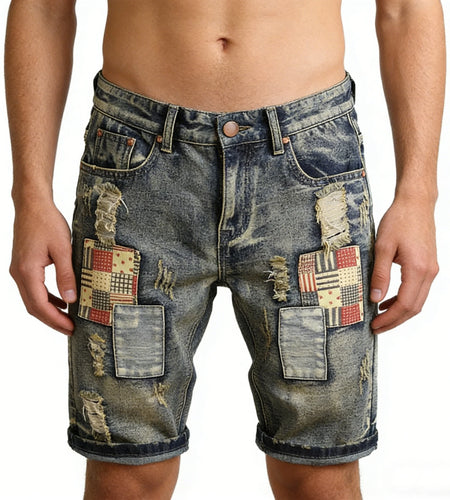 2026 New style Men's summer casual fashion vintage washed denim shorts trendy ripped patchwork vintage style
