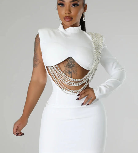 Women's Full Sleeve Elegant On One Side Pearl String Sexy Mini Dress