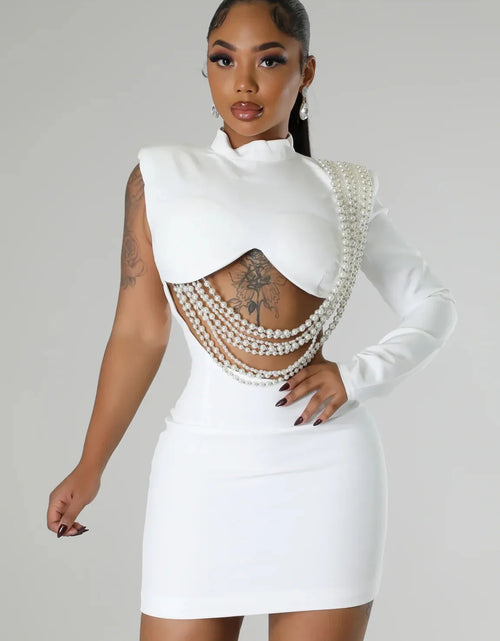 Load image into Gallery viewer, Women's Full Sleeve Elegant On One Side Pearl String Sexy Mini Dress
