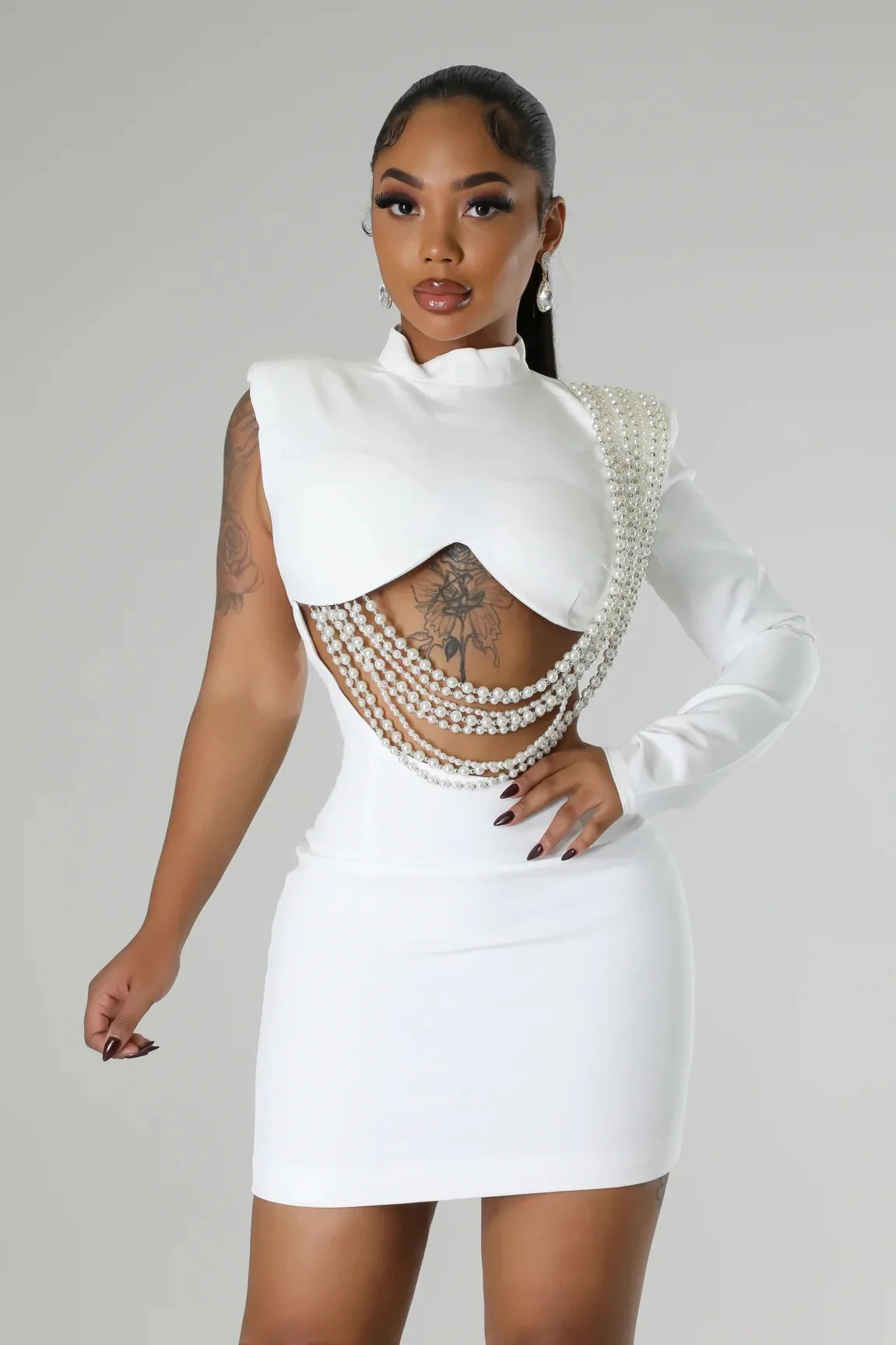 Women's Full Sleeve Elegant On One Side Pearl String Sexy Mini Dress