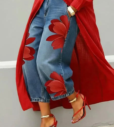 2026 Streetwear Women's Floral Print High Waist Jeans Loose Fit Cropped Wide Leg Denim Pants Casual Trendy Plus Size Trousers