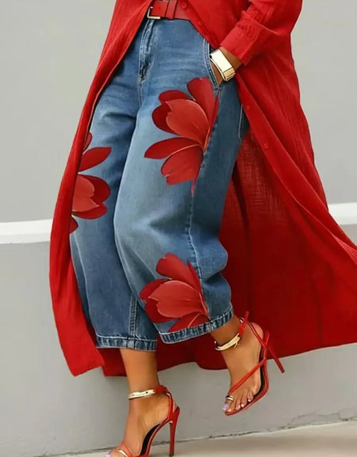 Load image into Gallery viewer, 2026 Streetwear Women's Floral Print High Waist Jeans Loose Fit Cropped Wide Leg Denim Pants Casual Trendy Plus Size Trousers
