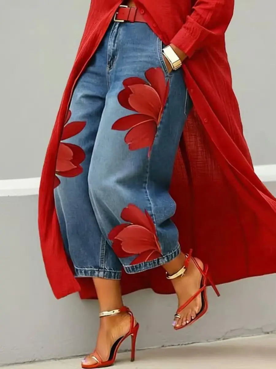2026 Streetwear Women's Floral Print High Waist Jeans Loose Fit Cropped Wide Leg Denim Pants Casual Trendy Plus Size Trousers